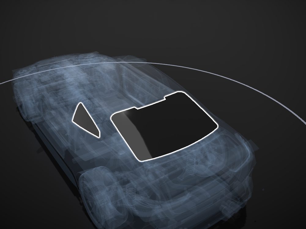 Rear & side glass highlighted on the car