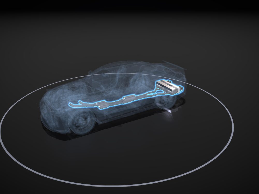 Exhaust system highlighted on the car