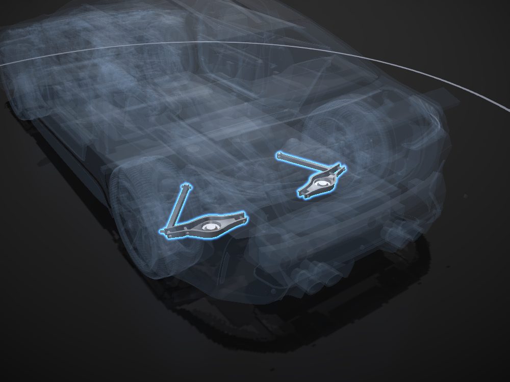 Rear lower arms highlighted on the car