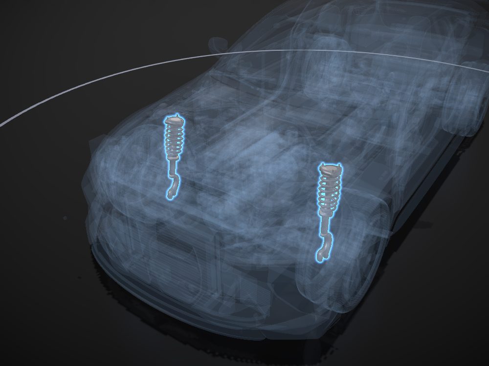 Front struts highlighted on the car