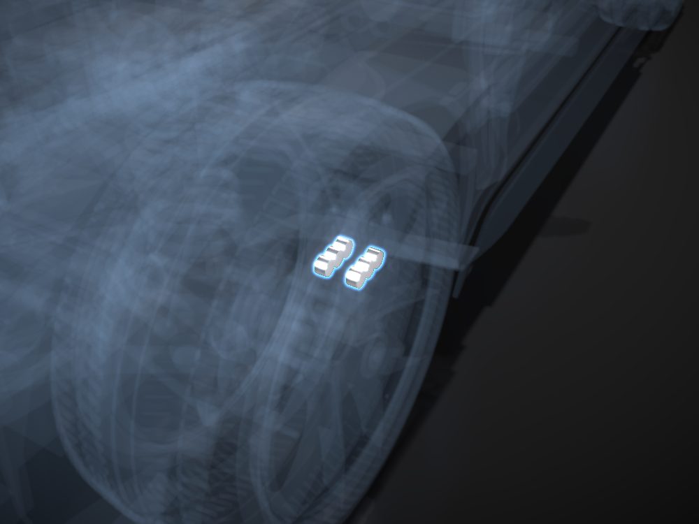 Caliper pistons highlighted on the car