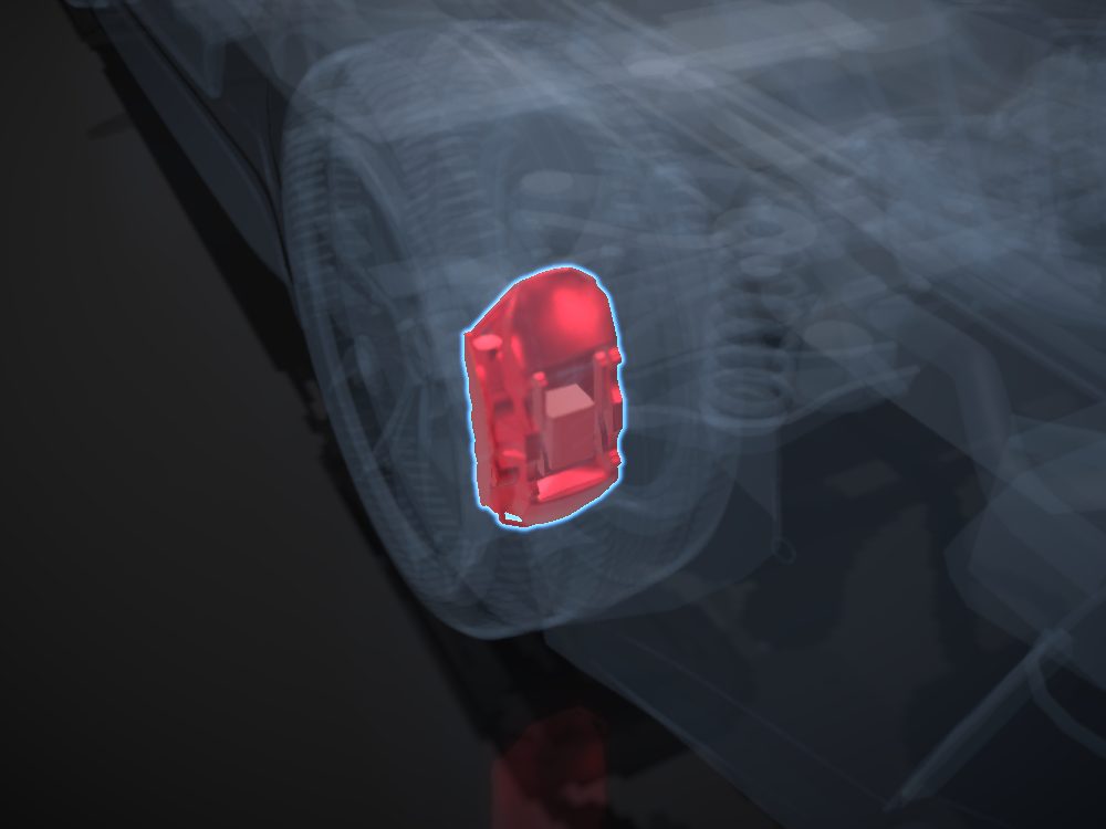 Brake caliper highlighted on the car