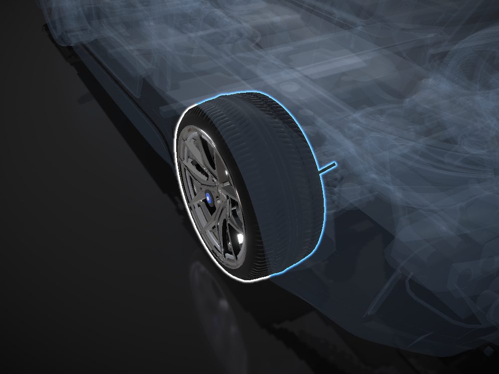 Rear left wheel highlighted on the car