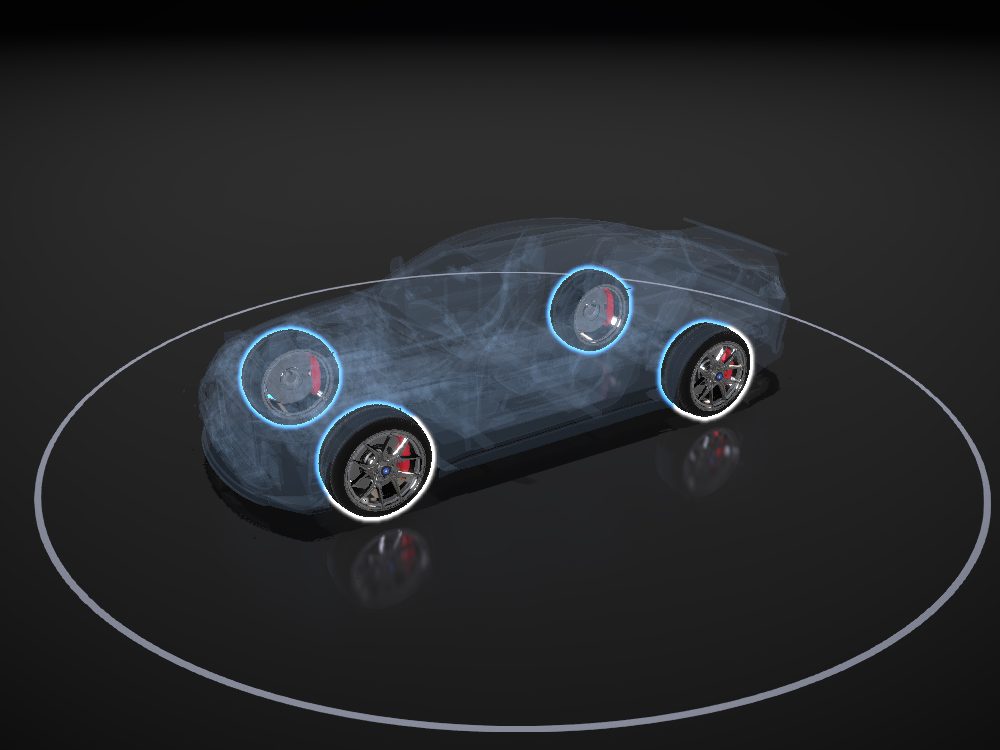 Wheel assemblies highlighted on the car